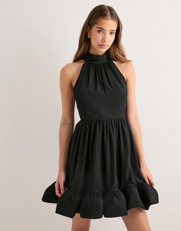 Malina Fern Halterneck Ruffled Mini Dress - Svart