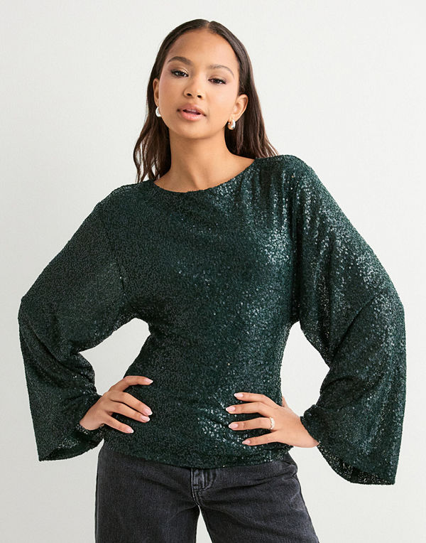 Nelly Glitter Volume Sleeve Top - Grön