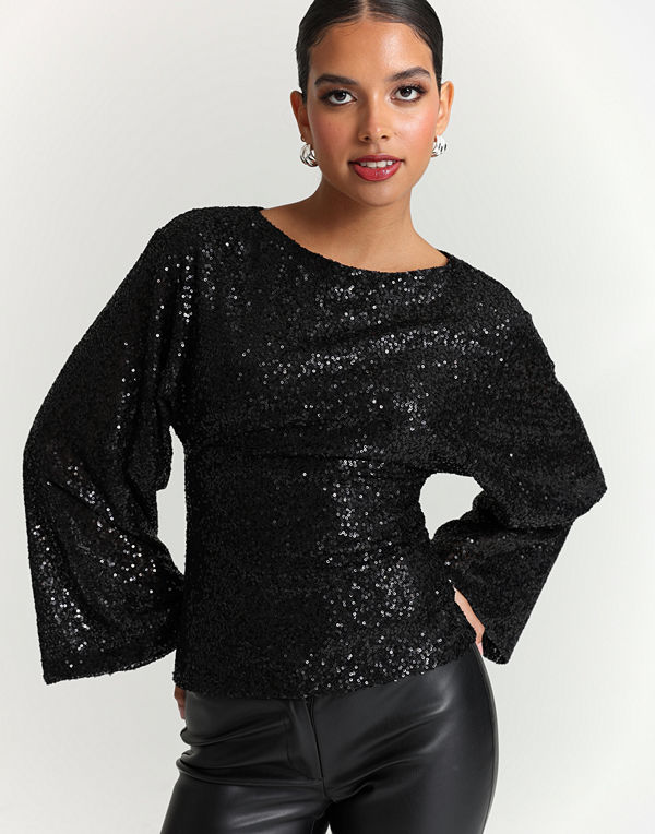 Nelly Glitter Volume Sleeve Top - Svart
