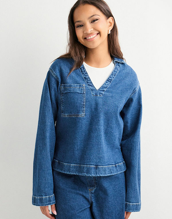 Pieces Pcsilke Ls Denim V-Neck Shirt D2D F - Blå