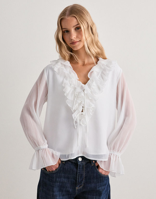 Vero Moda Vmjessy Ls Ruffle Top Wvn Exp - Vit