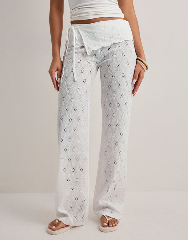 Nelly byxor Broderie Anglais Tie Pants - Vit