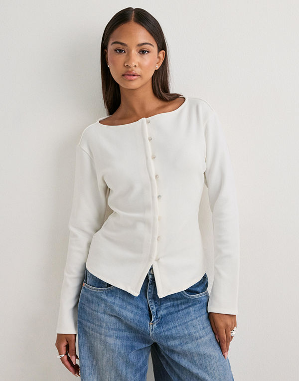 Nelly Waist Button Cardigan - Vit