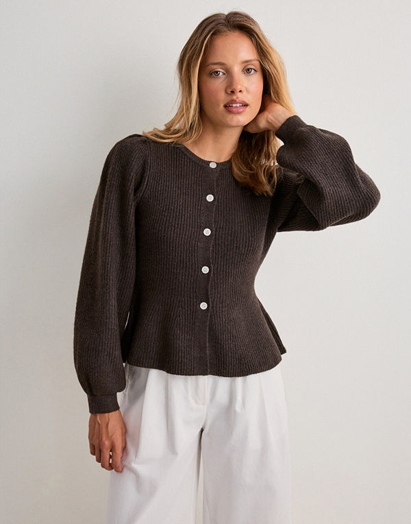 Pieces Pcsilly Ls Puff Knit Cardigan Noos - Brun