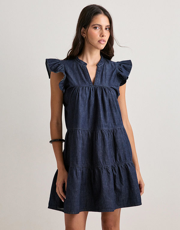 Only Onlshania S/L Frill Short Dnm Dress - Blå