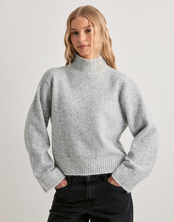 Nelly Contrast Turtle Neck Knit Sweater - Grå